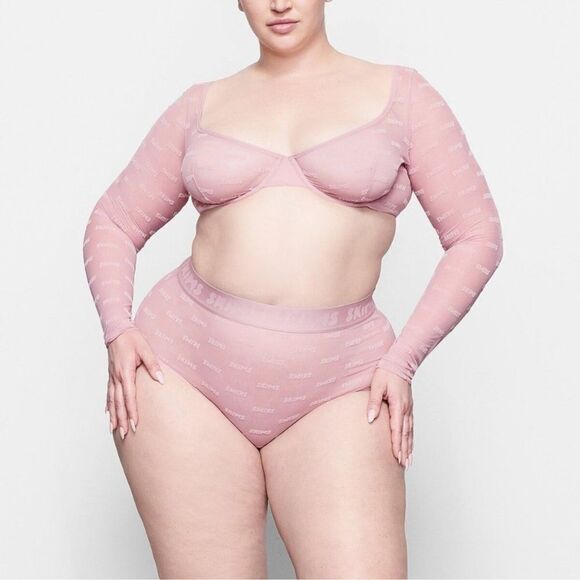 SKIMS After Hours Bra Top Long Sleeve Flocked Logo Mesh NWT - Picture 1 of 5